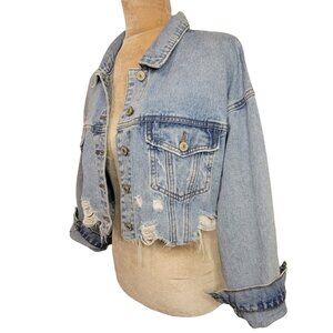 I&M Black Label Oversized Cropped Raw Edge Distressed Jean Jacket, Size S